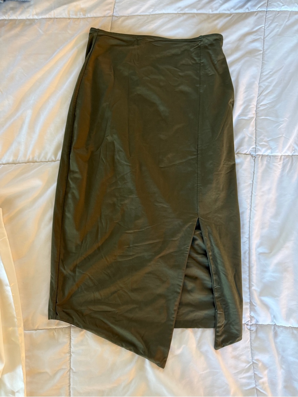 Kookai Olive Green Asymmetrical Midi Skirt with Front Slit